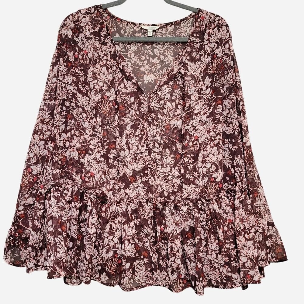 Lucky Brand Womens XXL Burgundy and Pink Floral Blouse Boho Peasant Ruffle Sheer